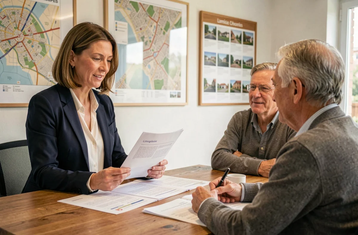 Agent immobilière locale à Limoges conseillant un couple dans une agence moderne avec cartes et annonces en arrière-plan