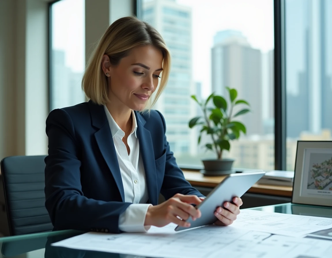 Agent immobilière professionnelle examinant des offres immobilières sur une tablette dans un bureau moderne