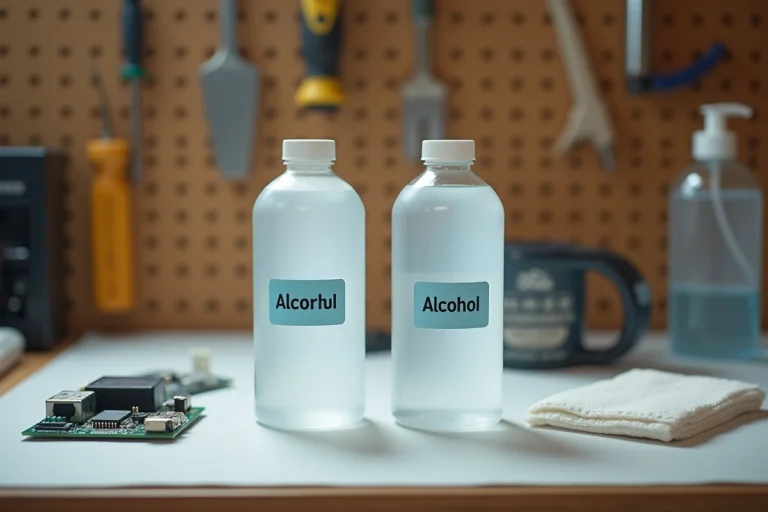 Deux bouteilles d'alcool isopropylique et d'alcool à désinfecter posées côte à côte sur un établi avec des tampons de coton et un circuit imprimé