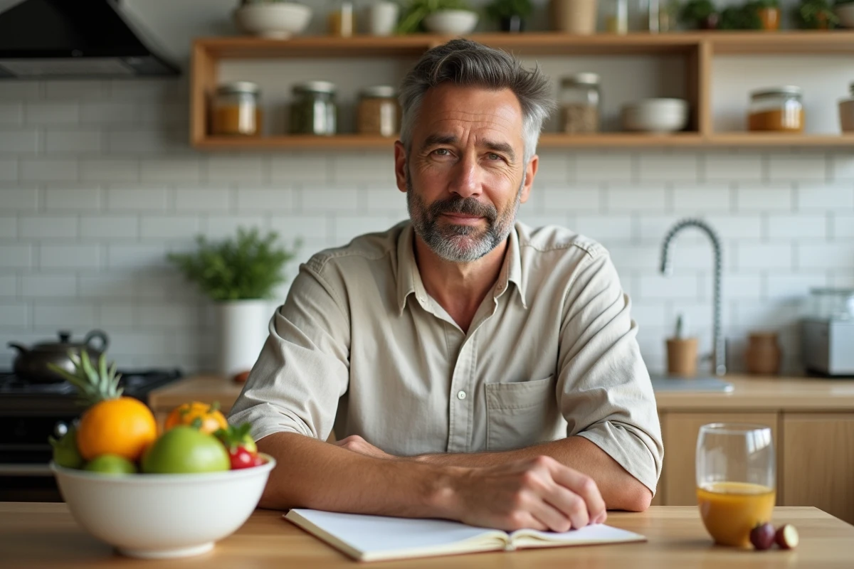 Homme adoptant une alimentation saine avec fruits frais et eau dans une cuisine moderne