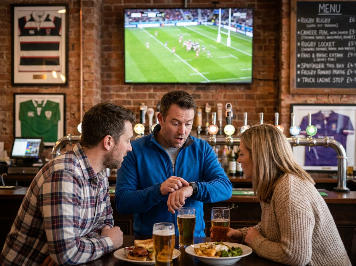 Groupe d'amis regardant un match de rugby en direct dans un bar le dimanche