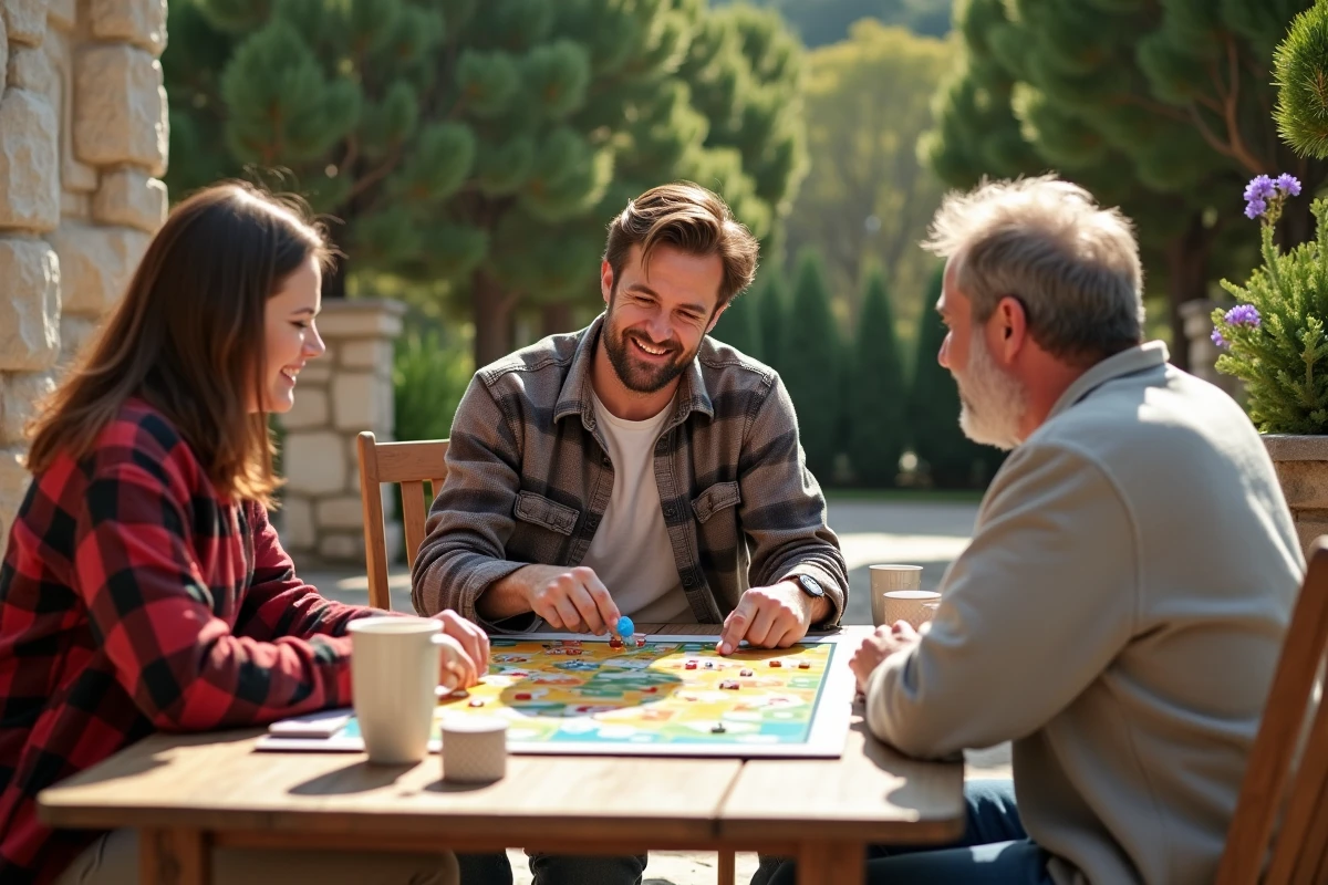 Groupe d'amis jouant à un jeu de société innovant en plein air sur une terrasse, loisir convivial