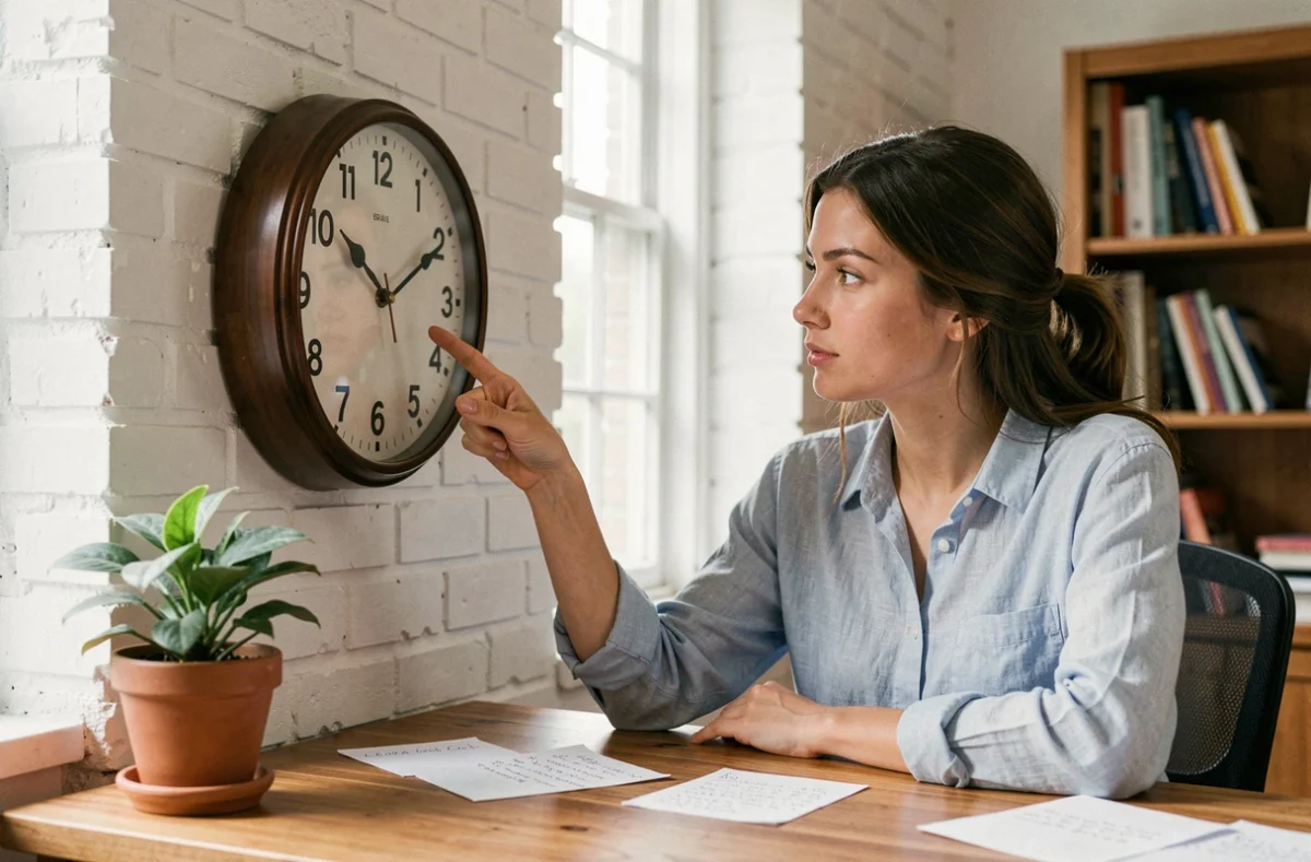 Jeune femme pointant une horloge analogique murale dans un bureau à domicile pour apprendre à lire l'heure en anglais avec les notions AM et PM