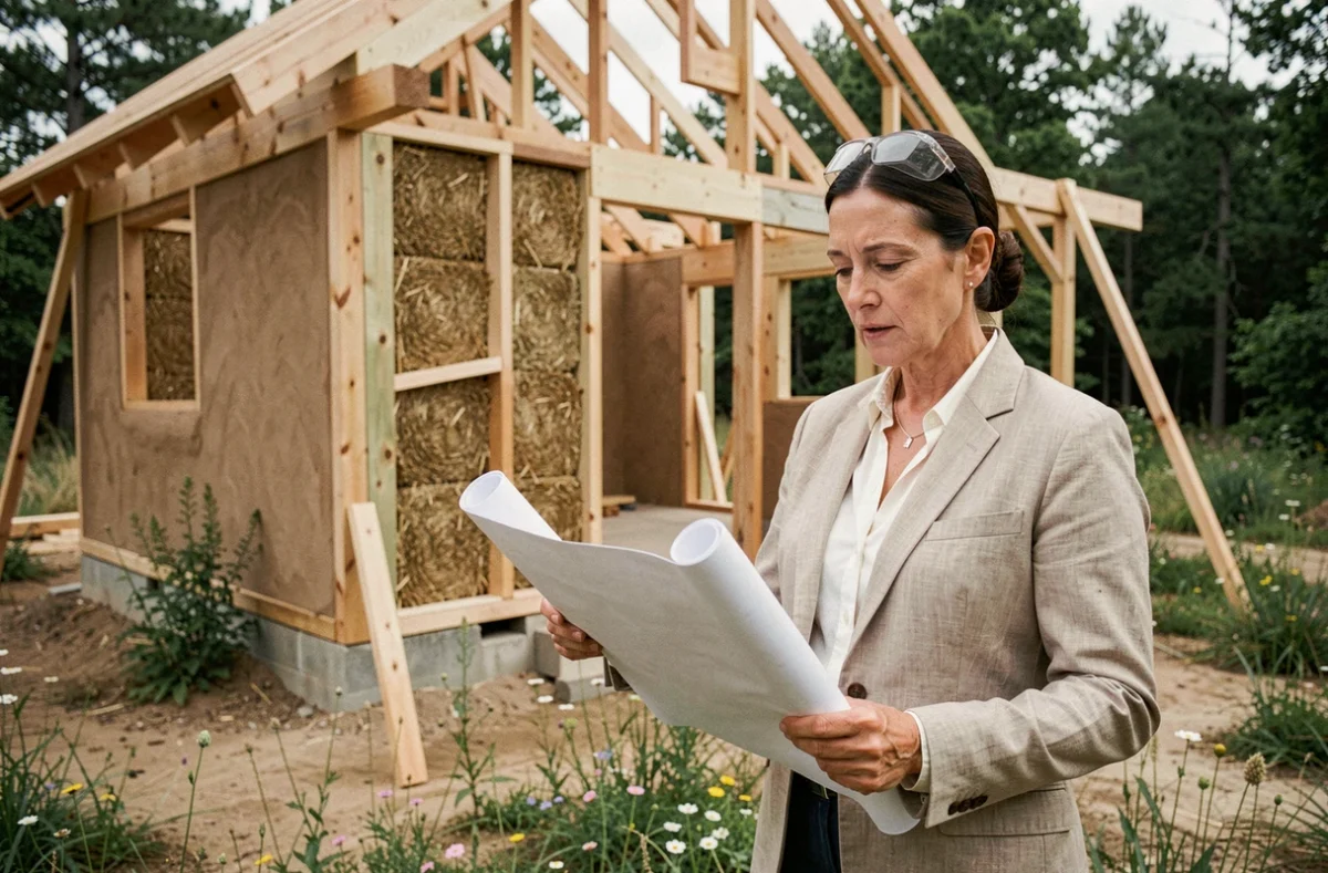 Architecte féminine examinant des plans devant une maison à ossature bois et isolation en bottes de paille en construction