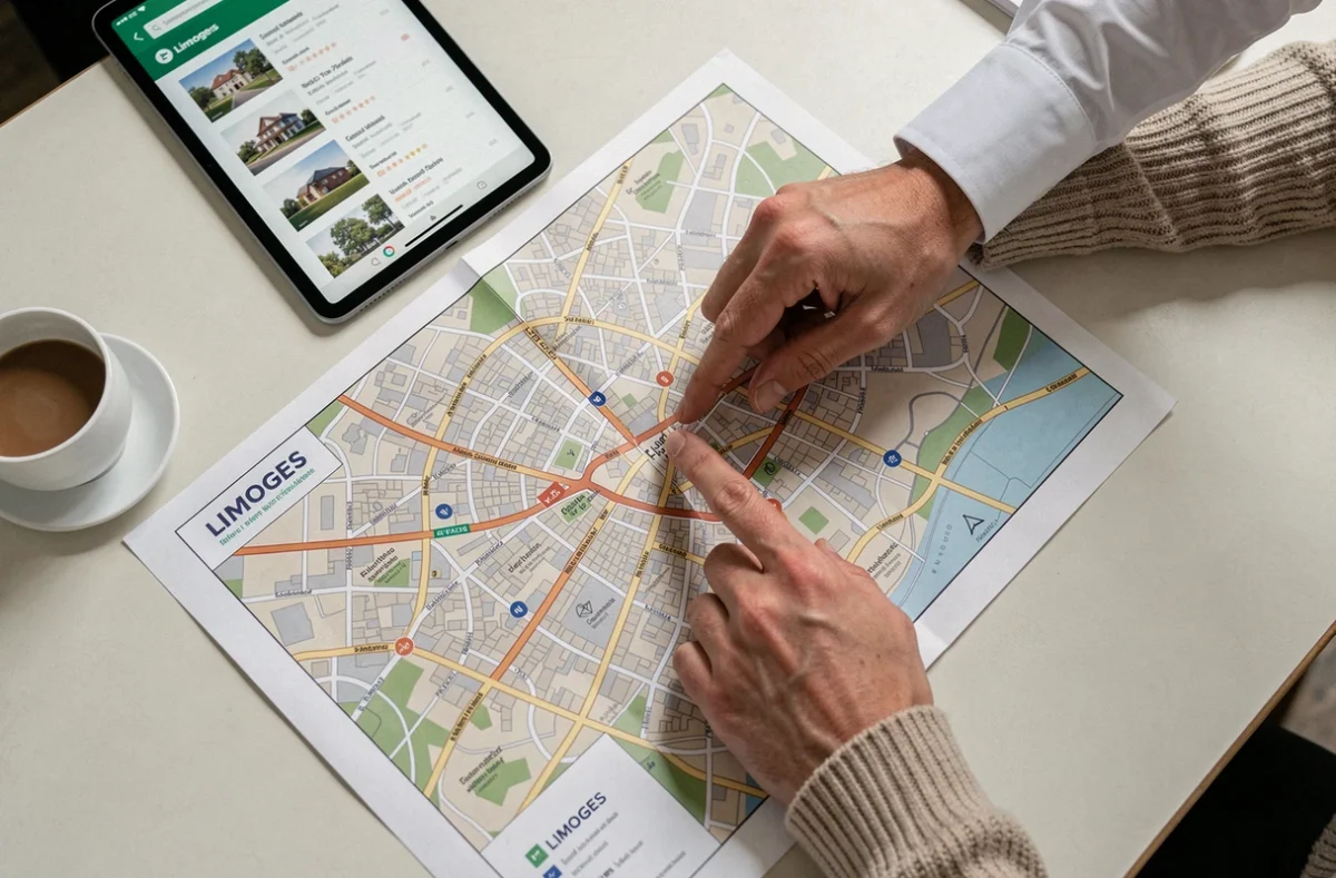 Vue aérienne de mains d'un agent immobilier et d'un client étudiant une carte de quartier de Limoges sur une table