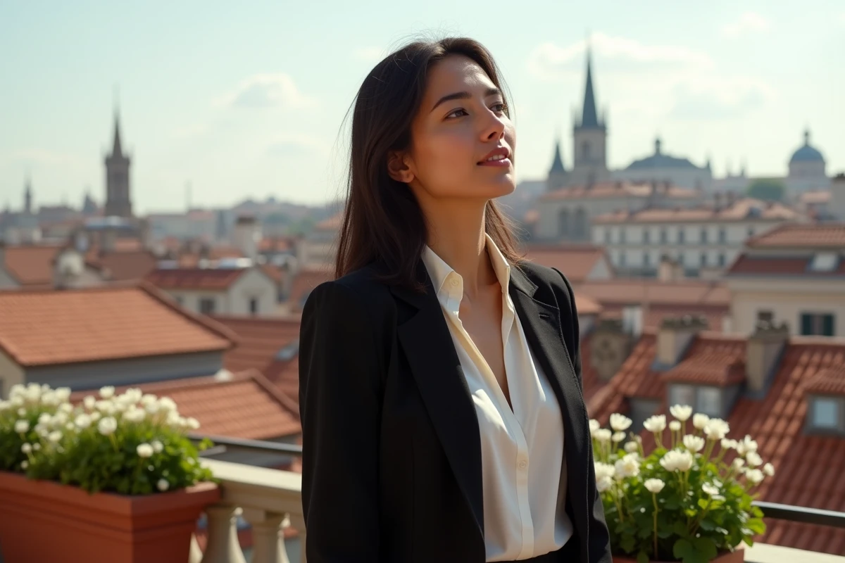 Femme espagnole élégante sur une terrasse avec vue sur les toits de Madrid, incarnant le rayonnement culturel de l'Espagne à l'international