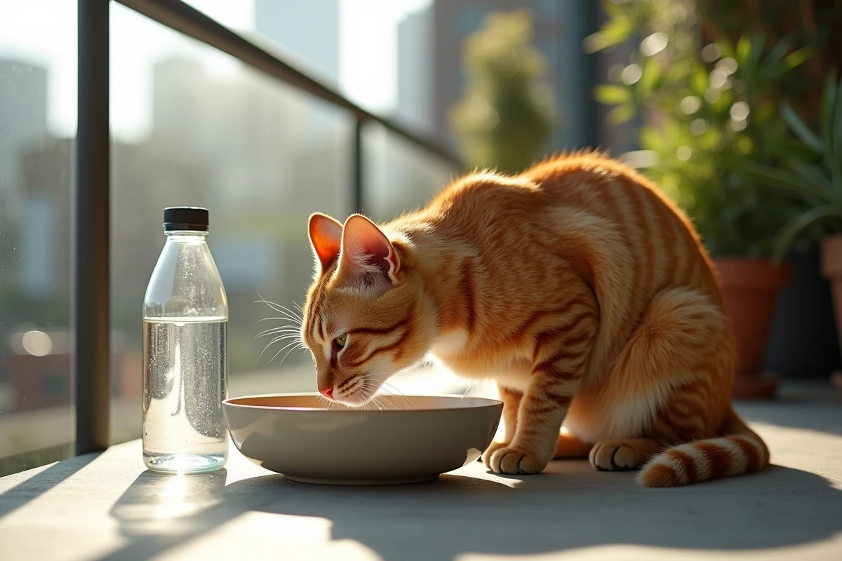 Chat roux buvant dans un bol sur un balcon ensoleille