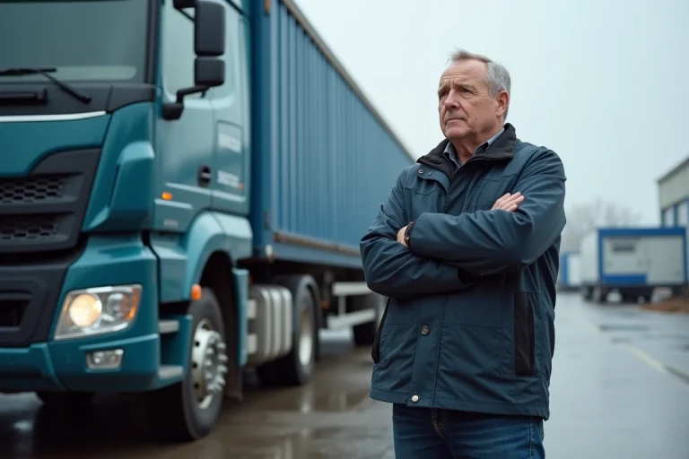 Chauffeur professionnel inspectant un camion 26 tonnes dans une cour logistique industrielle
