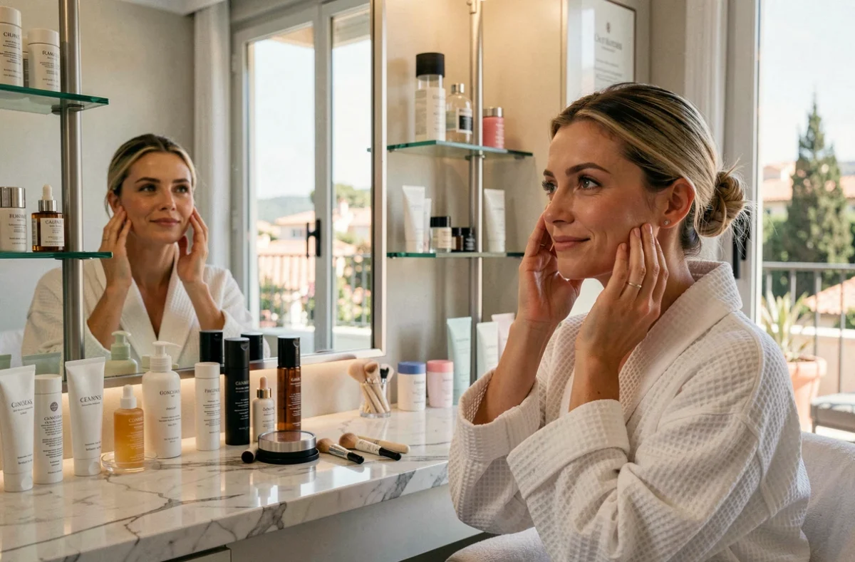 Femme satisfaite de son traitement esthétique dans une clinique haut de gamme à Cannes avec vue méditerranéenne