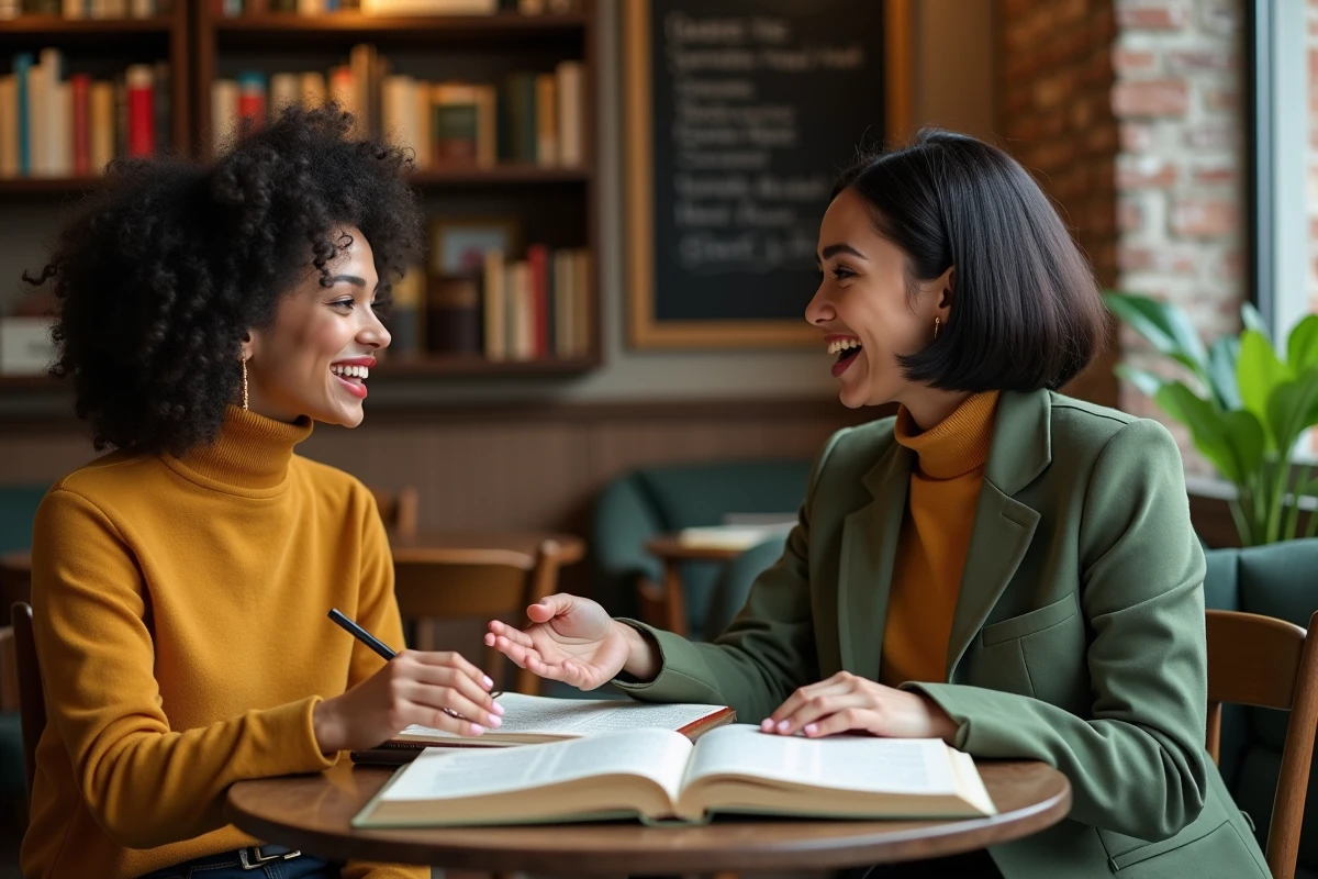 Deux femmes discutant de leurs lectures autour de livres ouverts dans un café-librairie indépendant et chaleureux