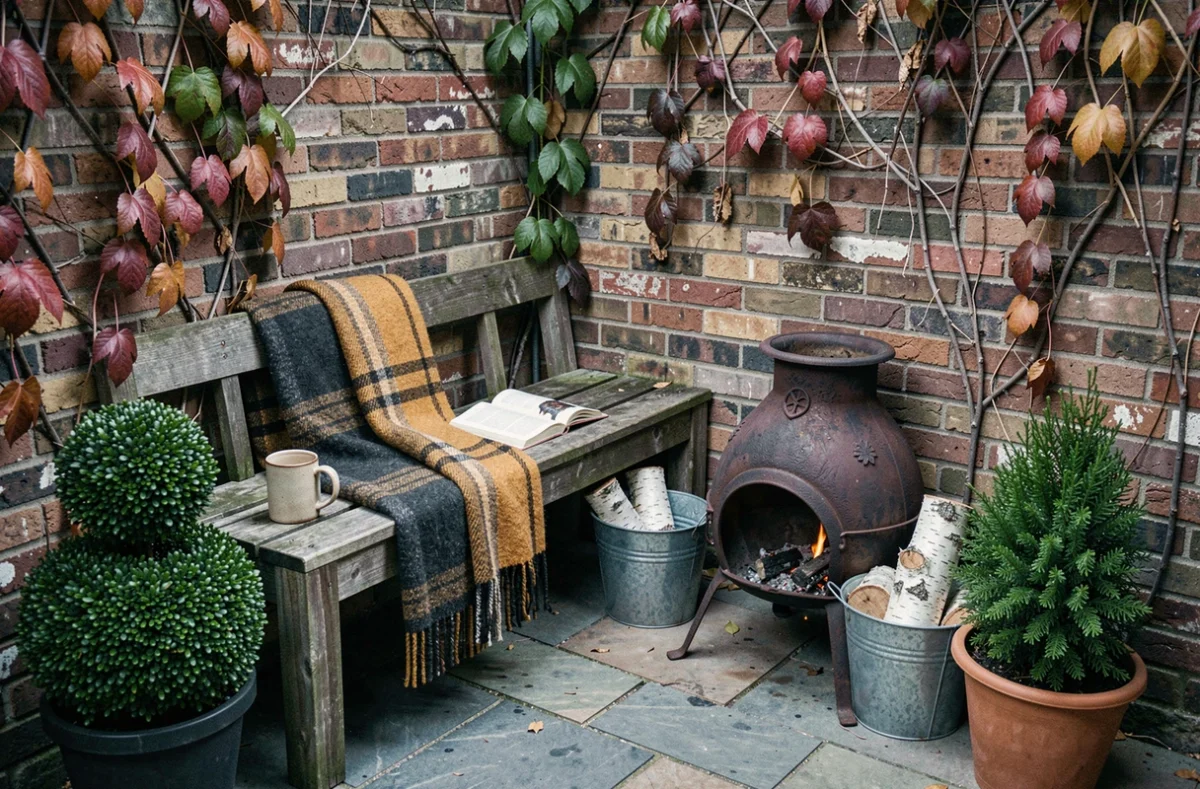Coin détente extérieur en hiver avec banc en bois, couvertures en laine, chiminée en fonte et plantes persistantes pour profiter du jardin par temps froid
