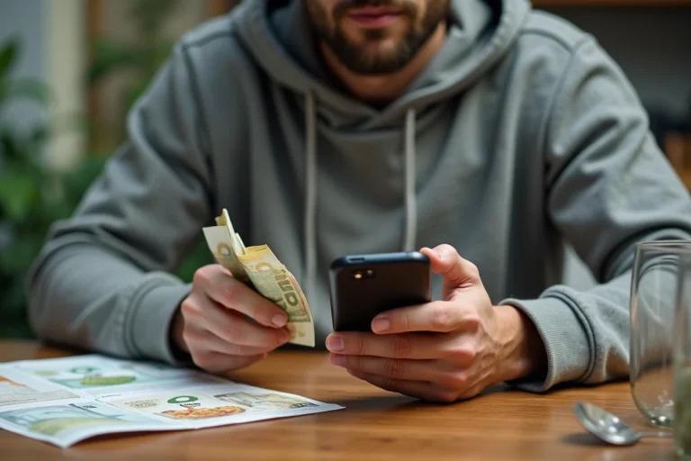 Homme tenant des billets en euros et commandant sur une application de livraison de repas depuis son smartphone