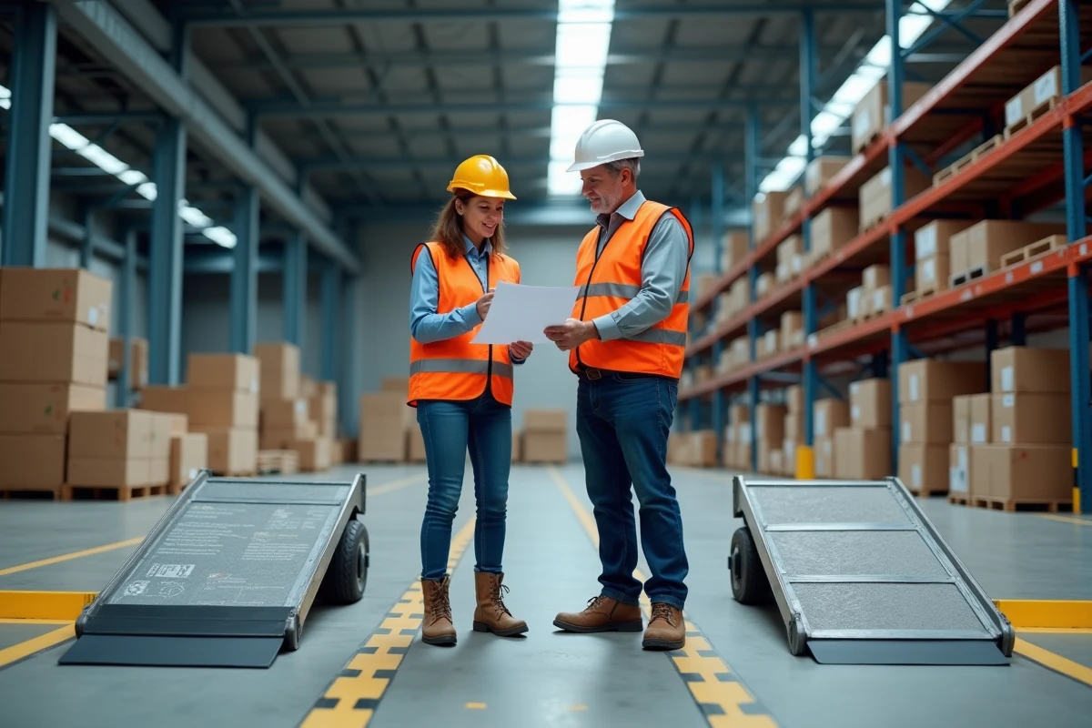 Deux professionnels comparant différents modèles de rampes de chargement dans un entrepôt logistique