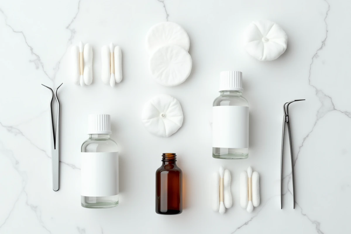 Vue de dessus d'un assortiment de produits de nettoyage incluant alcool isopropylique, alcool à désinfecter, cotons-tiges et tampons sur marbre blanc