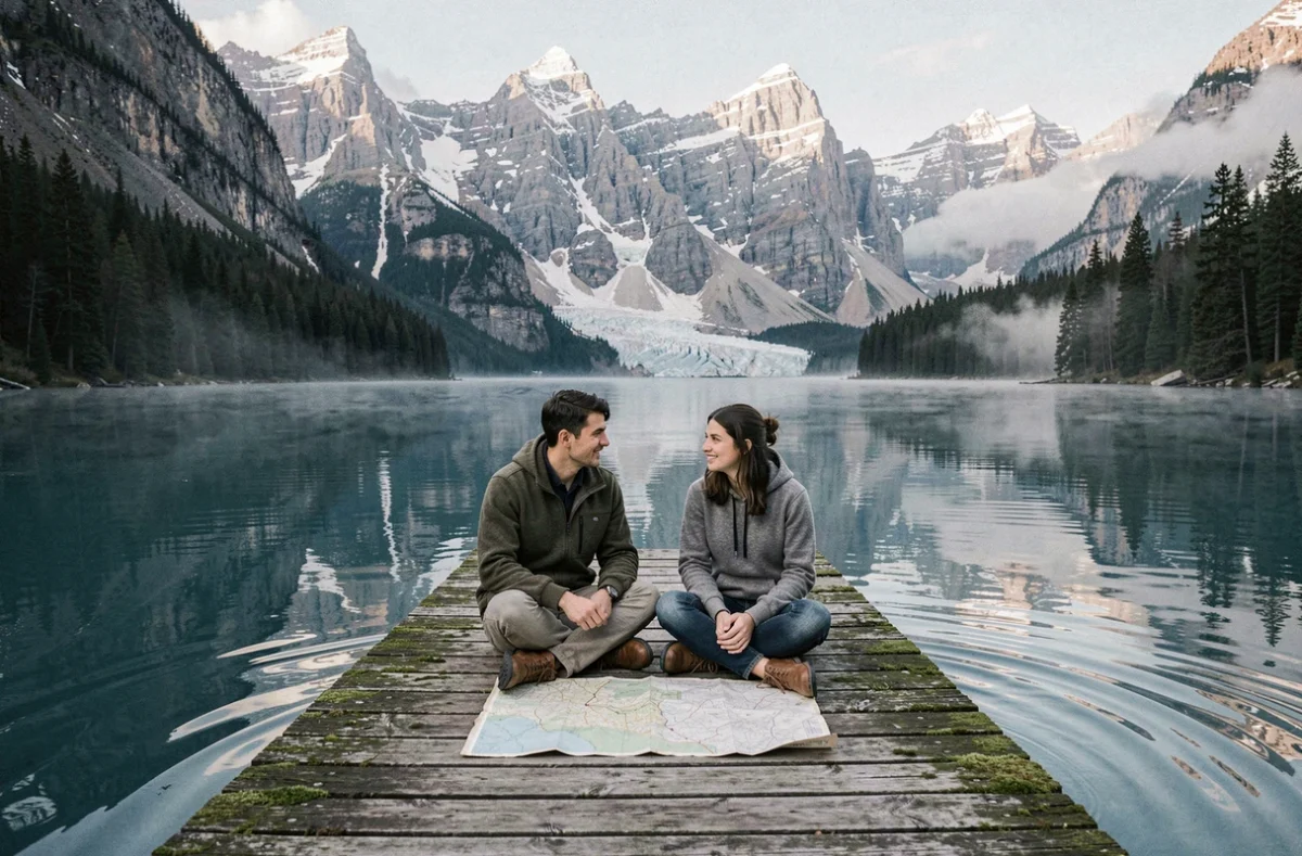 Couple de voyageurs assis sur un ponton au bord d'un lac glaciaire entouré de montagnes enneigées et de forêts de pins, consultation de carte