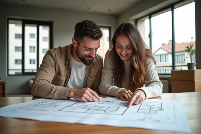 Couple étudiant des plans architecturaux pour un projet immobilier en 2024