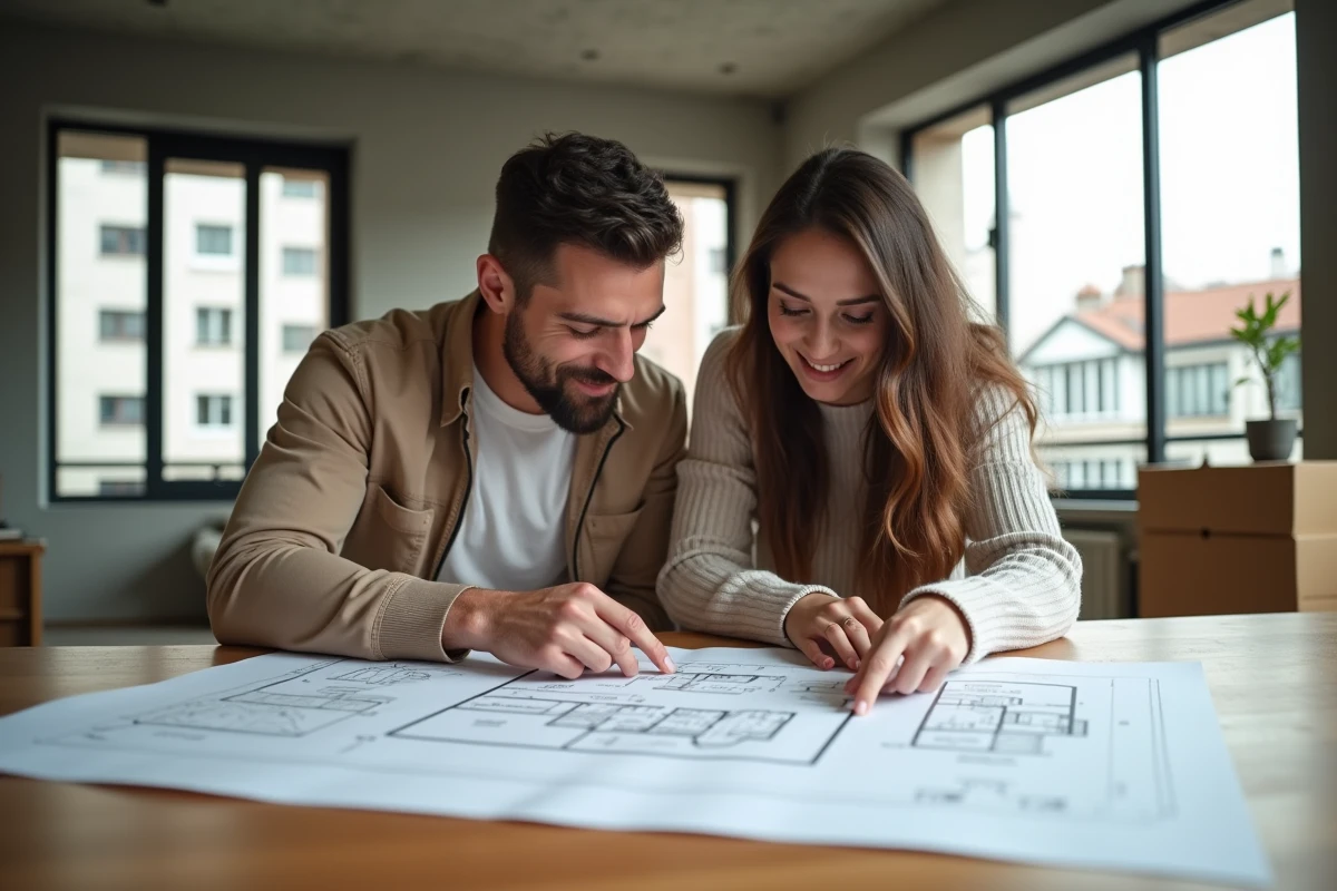 Couple étudiant des plans architecturaux pour un projet immobilier en 2024