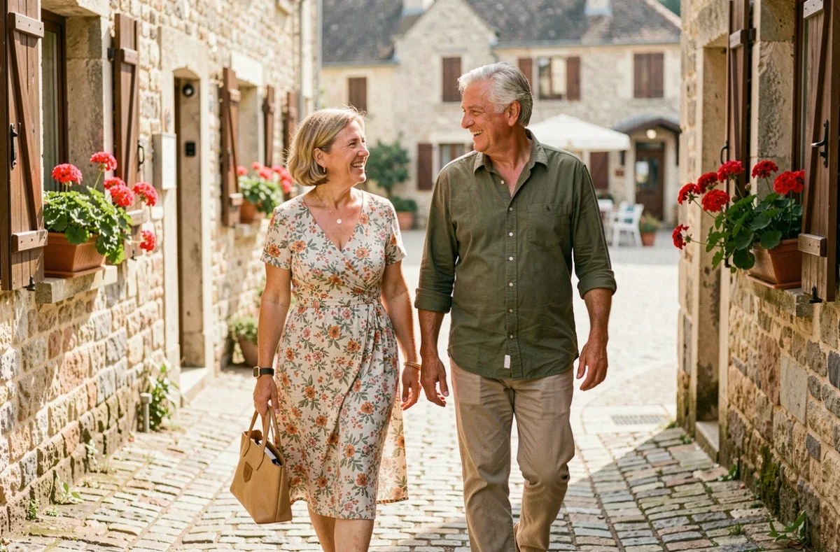 Couple de retraités se promenant sereinement dans un village français, profitant de leur retraite