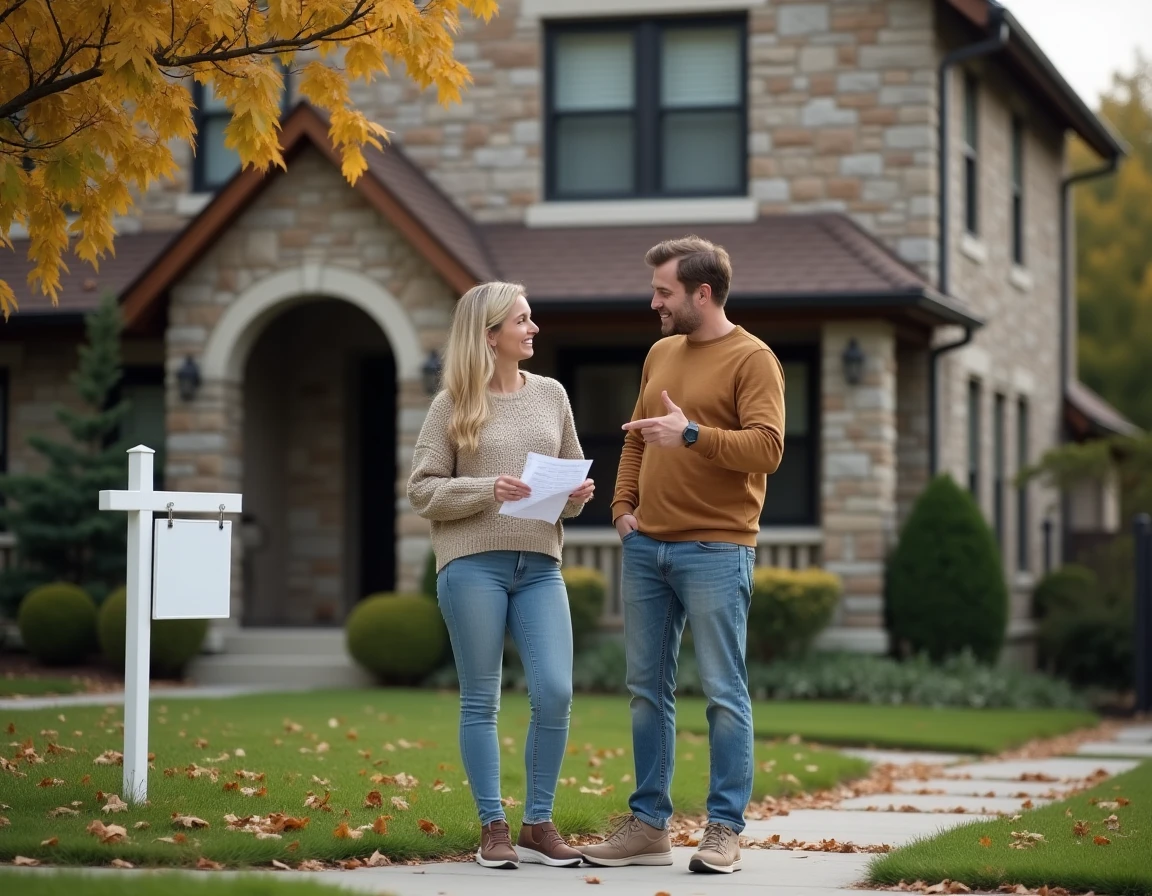 Couple visitant une maison à vendre avec panneau immobilier dans un quartier résidentiel en automne
