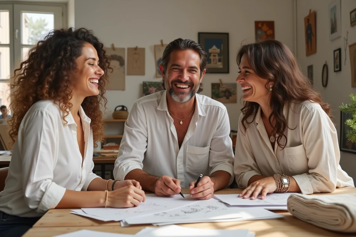Trois créatifs espagnols collaborant dans un studio artistique de Barcelone, illustration du dynamisme culturel et créatif de l'Espagne sur la scène internationale