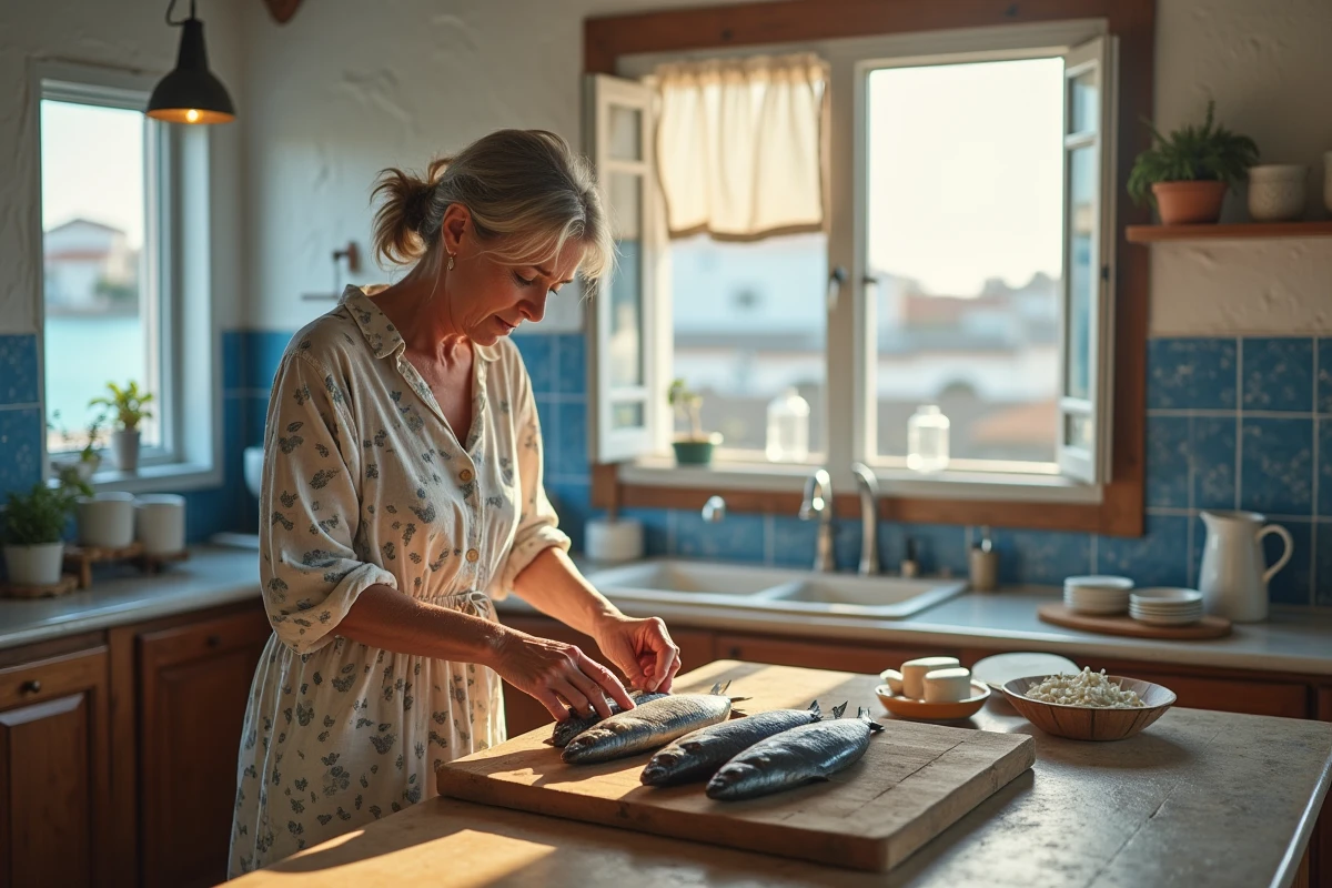 Femme préparant des poissons frais dans une cuisine portugaise