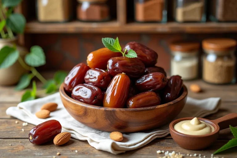 Bol en bois rempli de dattes Medjool entourées d'amandes et d'un pot de tahini sur une table en chêne rustique dans une cuisine méditerranéenne