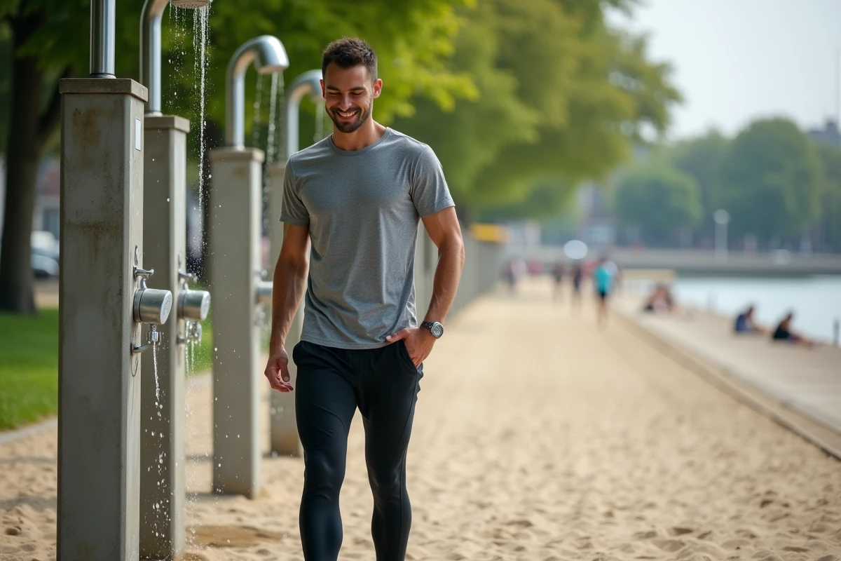 Homme utilisant une douche extérieure gratuite dans un parc urbain au bord de l'eau après une course à pied