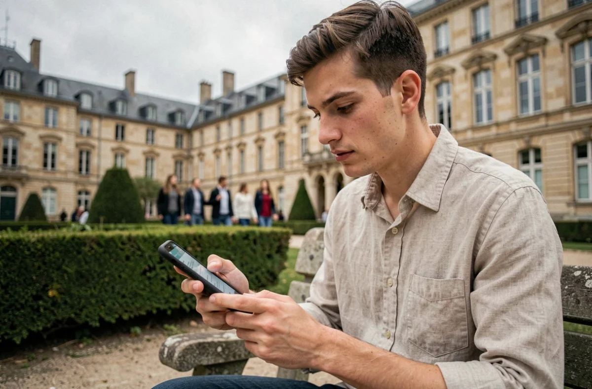 Étudiant consultant sa boîte mail académique sur smartphone dans la cour d'un campus universitaire à Nantes