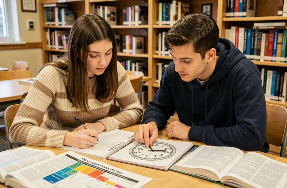 Deux étudiants consultant des manuels d'anglais dans une bibliothèque universitaire pour comprendre la différence entre AM et PM dans la lecture de l'heure