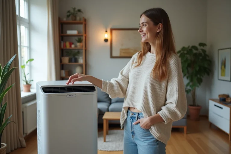 Femme souriante près d'un climatiseur moderne dans un salon cosy