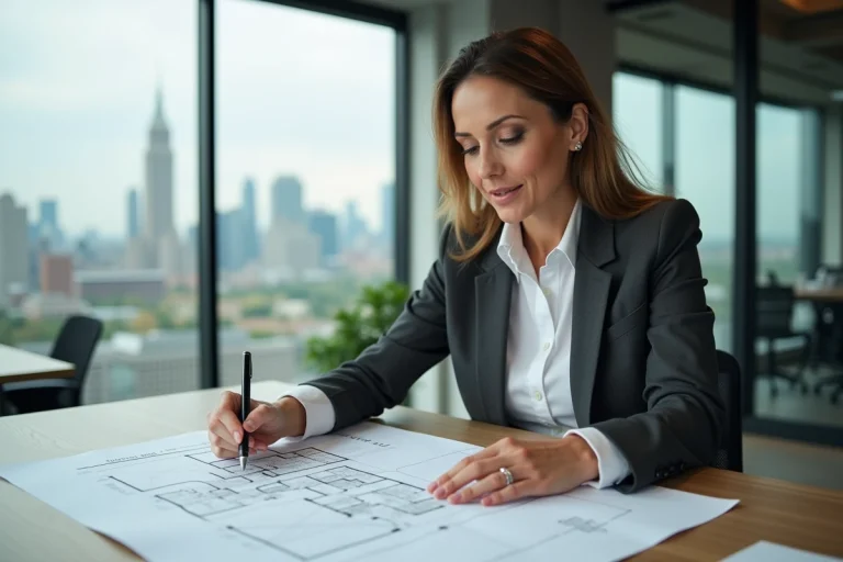 Femme architecte analysant des plans dans un bureau lumineux