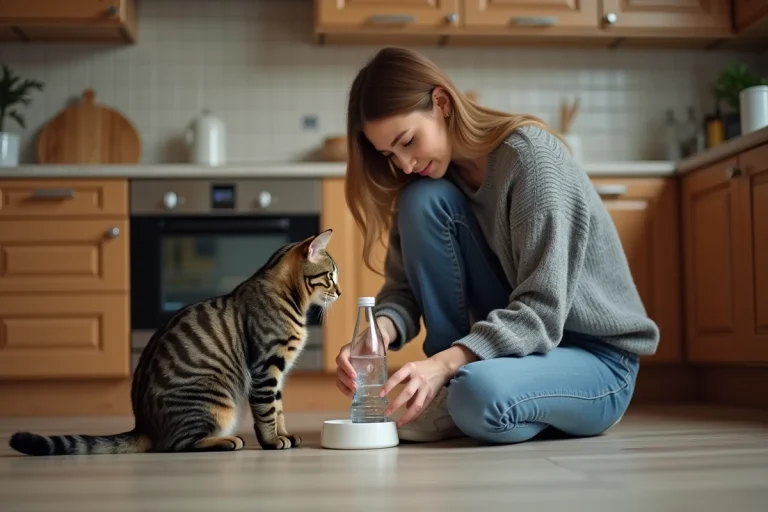 Jeune femme versant de l'eau pour un chat dans la cuisine