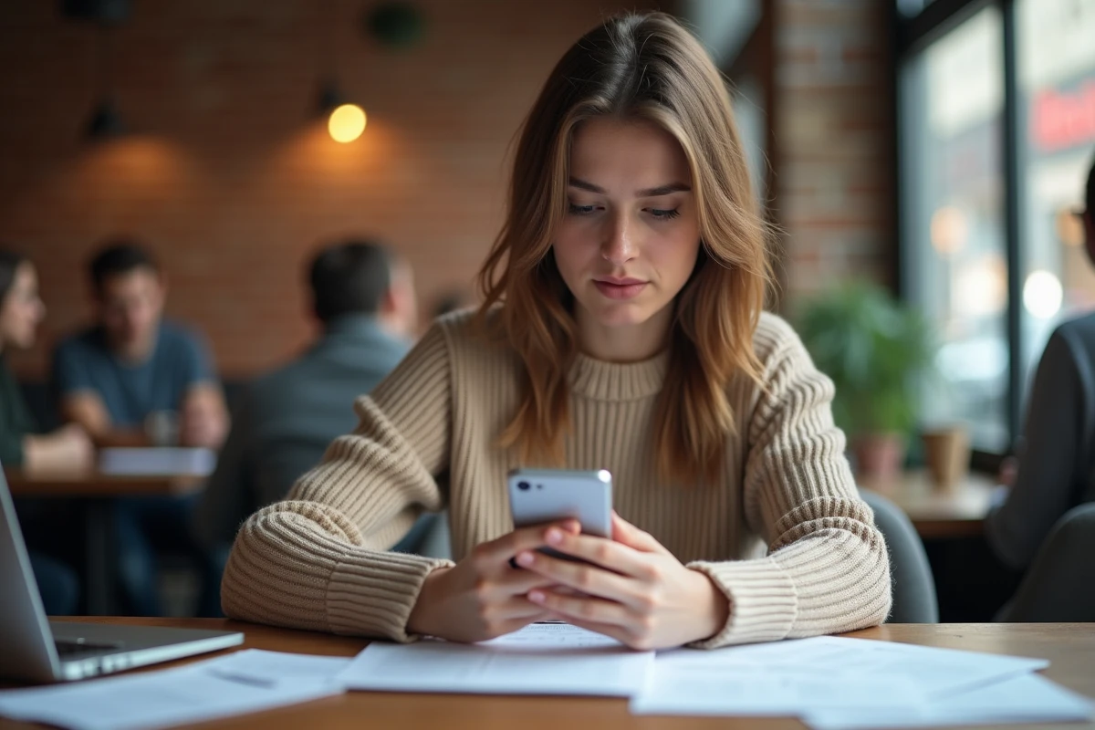 Jeune femme au café regardant un message suspect sur son téléphone