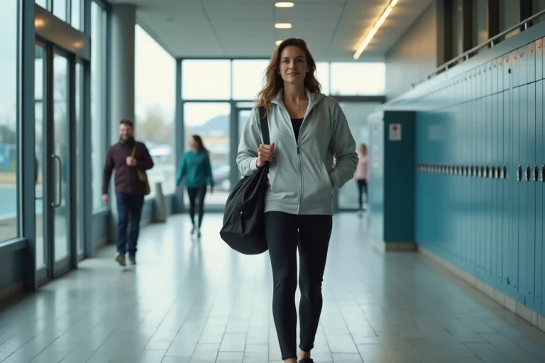 Femme avec sac de sport entrant dans un centre aquatique public pour accéder à une douche gratuite