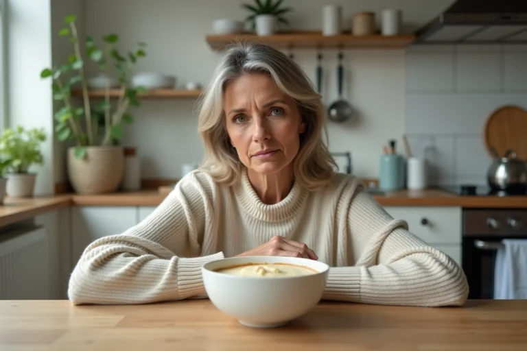 Femme méditative dégustant une crème Budwig dans sa cuisine