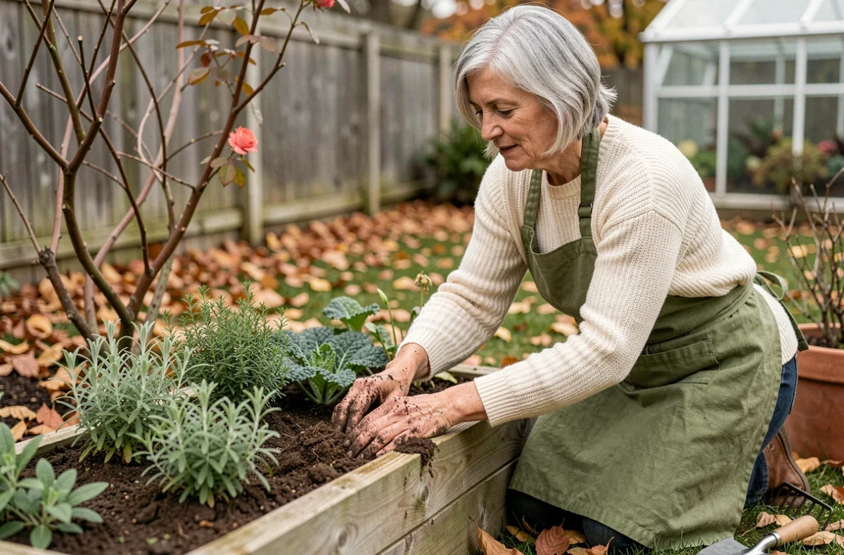 Femme jardinant dans un potager surélevé en automne, plantant des herbes aromatiques hivernales pour maintenir un jardin vivant toute l'année