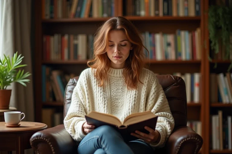 Femme lisant un livre dans une bibliothèque personnelle chaleureuse, entourée d'étagères remplies de livres colorés