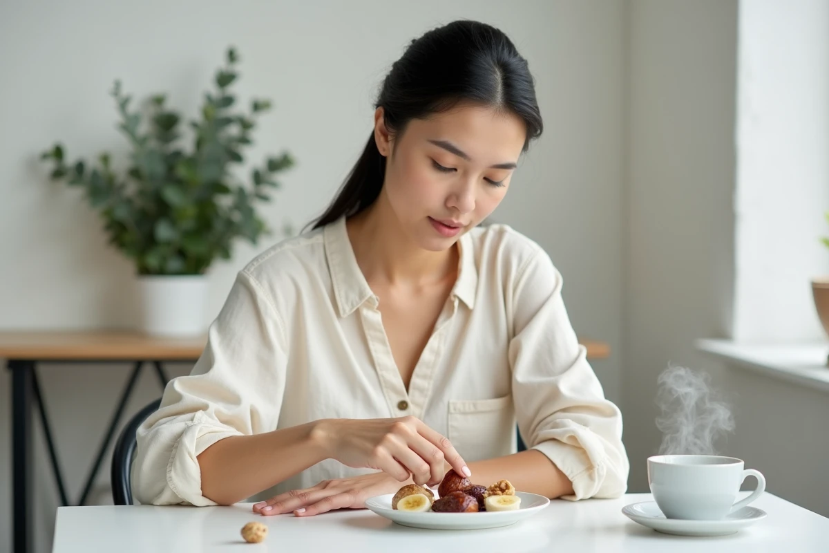 Jeune femme préparant une assiette de dattes et fruits secs dans un café scandinave minimaliste, style de vie sain au quotidien