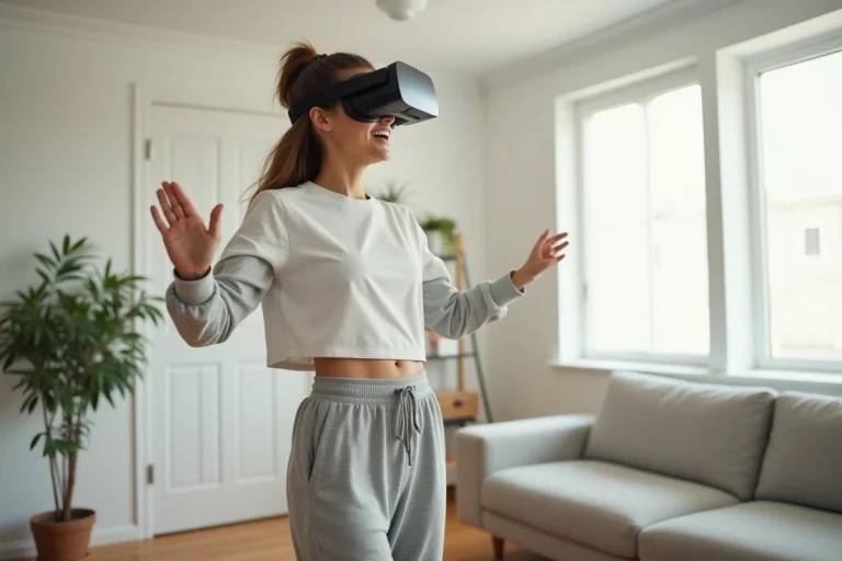 Femme explorant la réalité virtuelle dans un salon moderne, loisir innovant et immersif