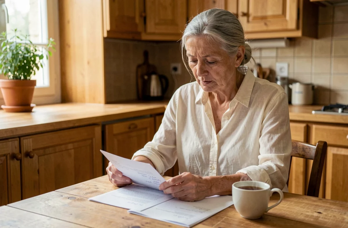 Femme senior consultant ses documents de retraite à la table de cuisine, préparant ses démarches administratives