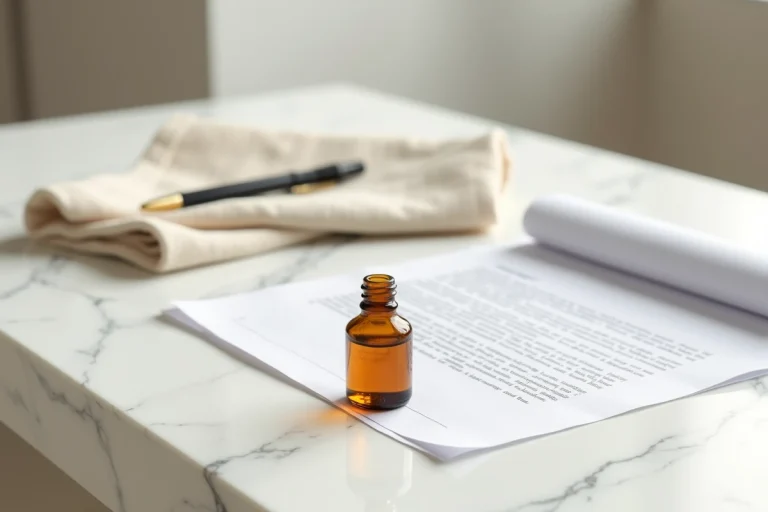 Petit flacon de poppers posé sur un comptoir en marbre blanc à côté d'un document juridique et d'un stylo, illustrant la législation espagnole sur les poppers