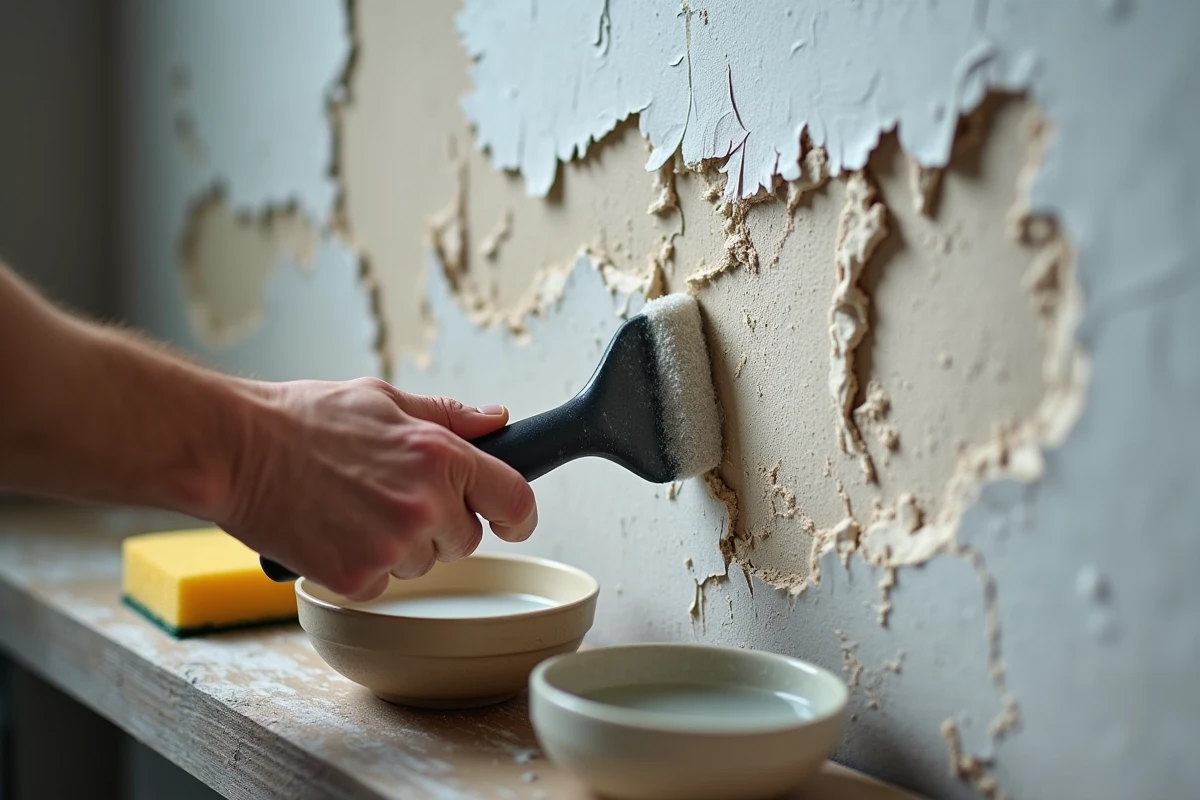 Gros plan de mains grattant de l'enduit sec qui s'écaille sur un mur avec une spatule et une éponge humide