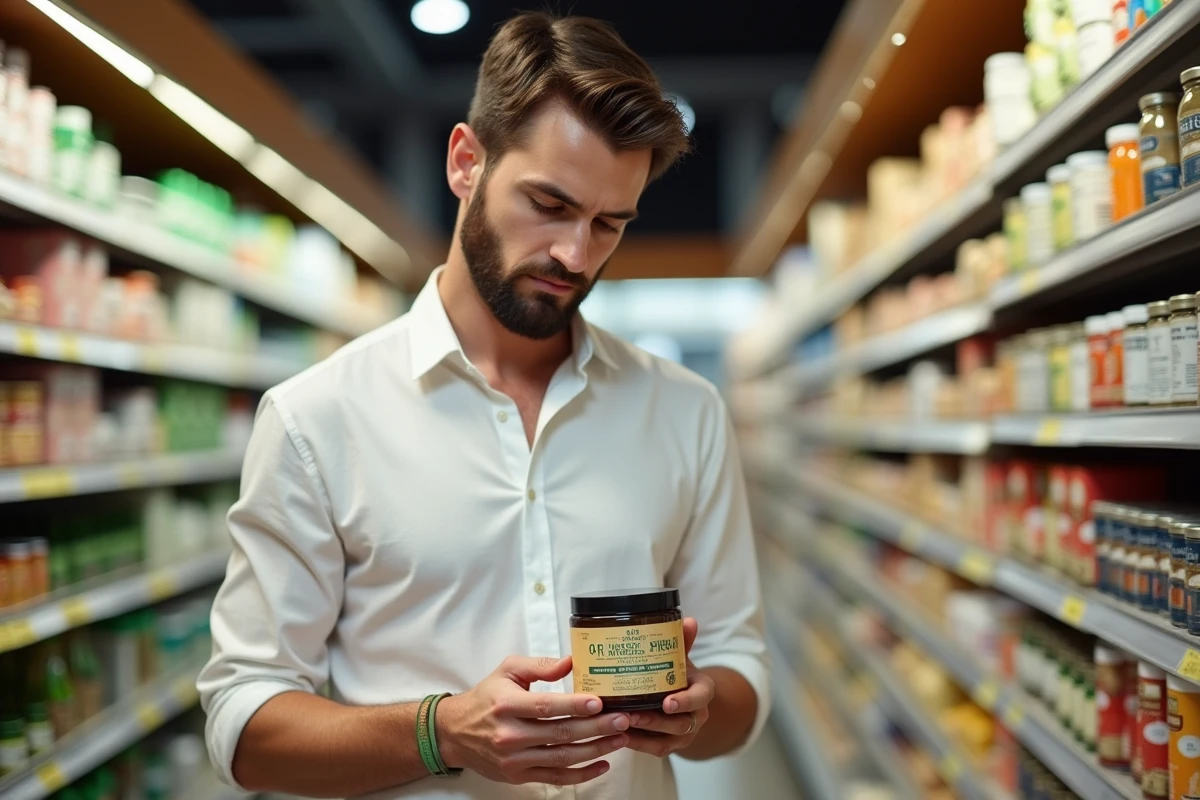 Jeune homme examinant une crème Budwig en magasin bio