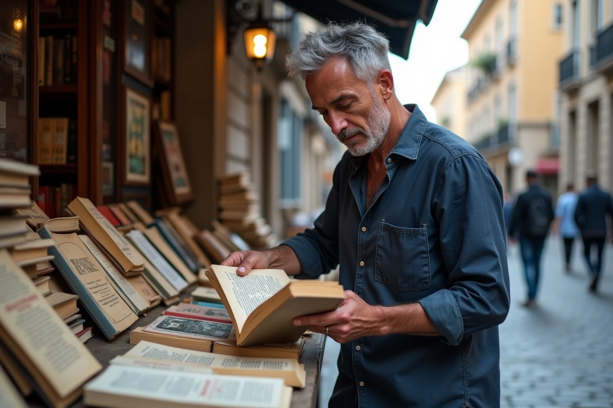 Homme parcourant des livres de poche sur un étal de bouquiniste en plein air dans une rue pavée européenne