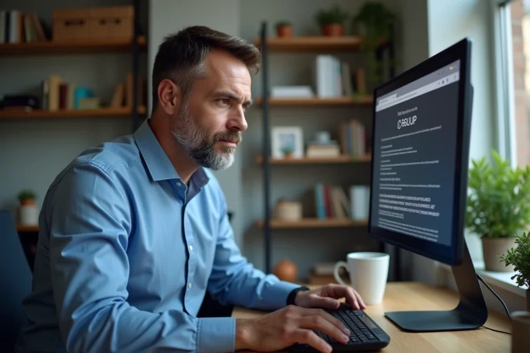 Homme au bureau vérifiant une alerte phishing sur son écran