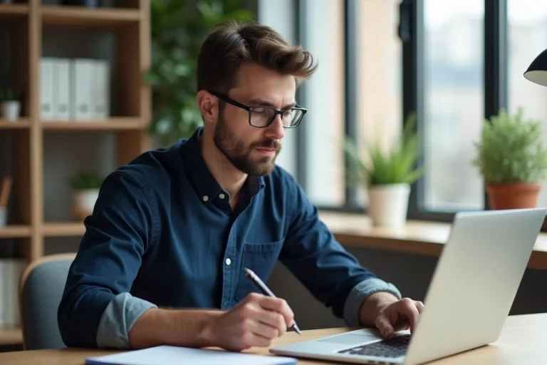 Homme au bureau moderne travaillant sur son ordinateur