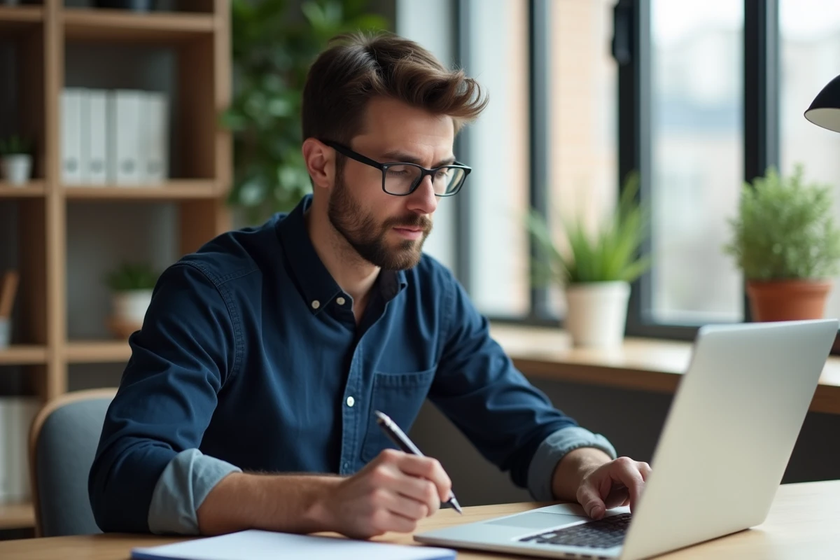 Homme au bureau moderne travaillant sur son ordinateur