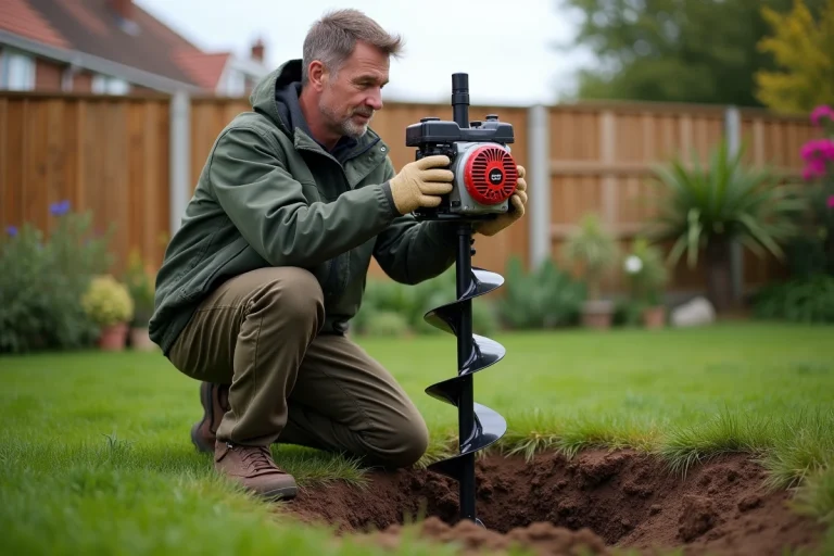 Homme en tenue de travail dans le jardin avec une tarière à essence