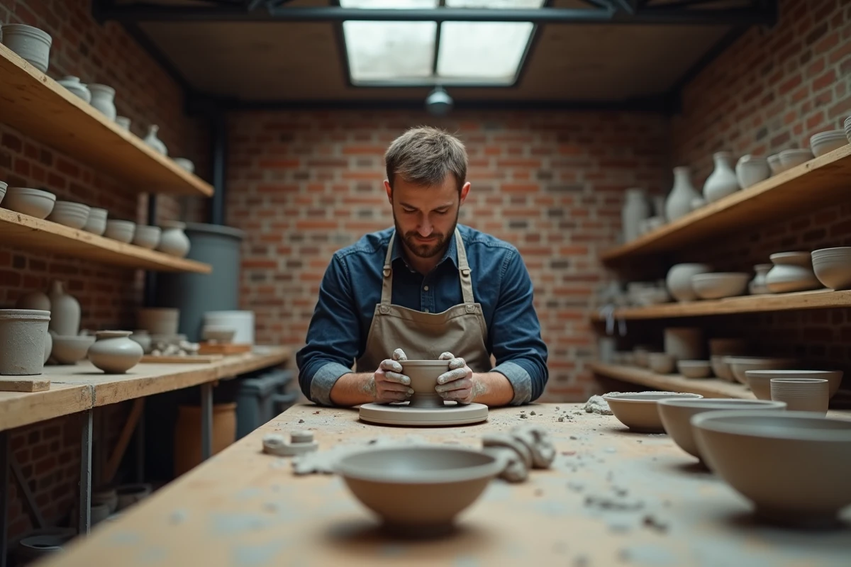 Homme pratiquant la poterie artisanale dans un atelier créatif, loisir innovant et manuel