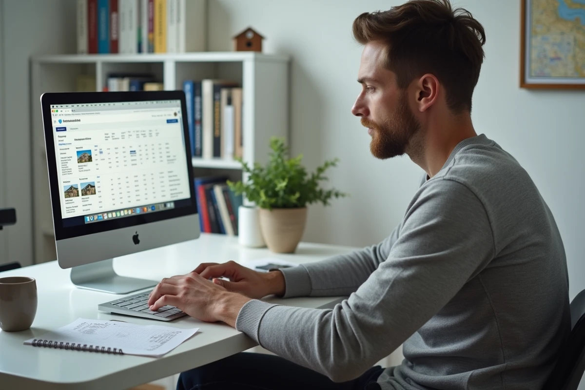 Homme consultant des annonces immobilières en ligne pour préparer son achat en 2024